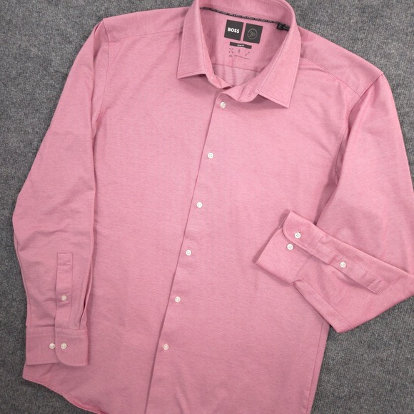 HUGO BOSS Performance Dress Shirt Mens XL 17.5-35 Pink Pique Hank Kent Slim Fit - Picture 1 of 11